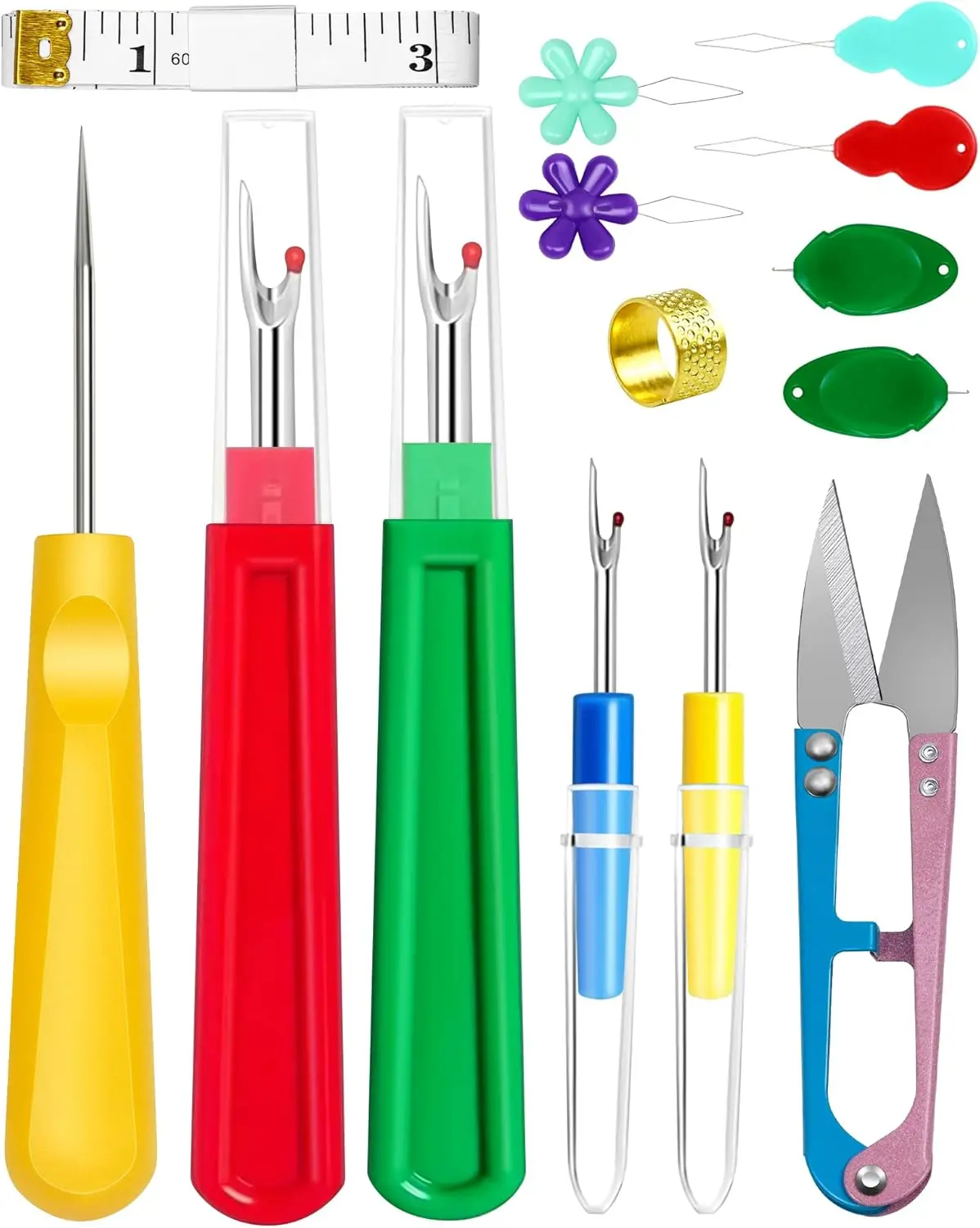 Seam Rippers for Sewing - 2 Big & 2 Small Stitch Removers, Thread Ripper, Embroidery Removal Tool with Needle Threaders, Thimbles, Tape Measure, Tailors Awl & Thread Snips
Seam Rippers for Sewing - 2 Big & 2 Small Stitch Removers, Thread Ripper, Embroidery Removal Tool with Needle Threaders, Thimbles, Tape Measure, Tailors Awl & Thread Snips