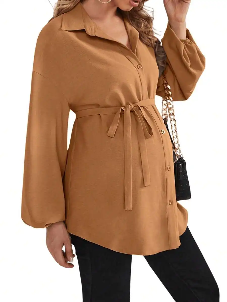 Women Maternity Long Sleeve Belted Button Down Casual Blouse With Pockets
Women Maternity Long Sleeve Belted Button Down Casual Blouse With Pockets