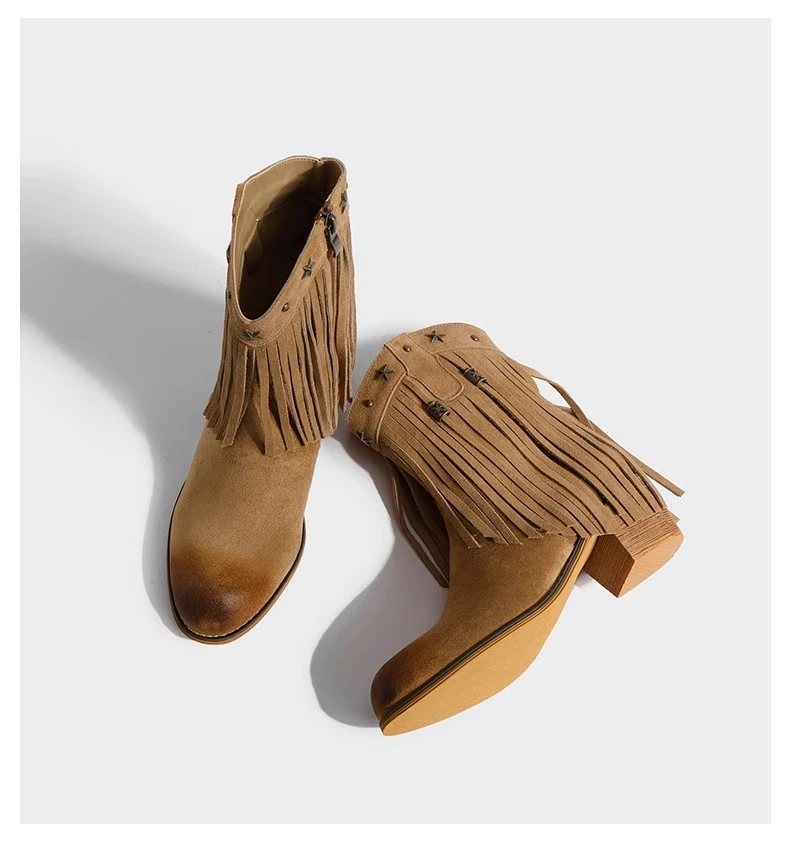 Ботильоны в стиле ретро с бахромой и звездами, короткие женские туфли на квадратном каблуке с круглым носком и боковой молнией, новинка 2025, ковбойские сапоги в стиле вестерн
Ботильоны в стиле ретро с бахромой и звездами, короткие женские туфли на квадратном каблуке с круглым носком и боковой молнией, новинка 2025, ковбойские сапоги в стиле вестерн