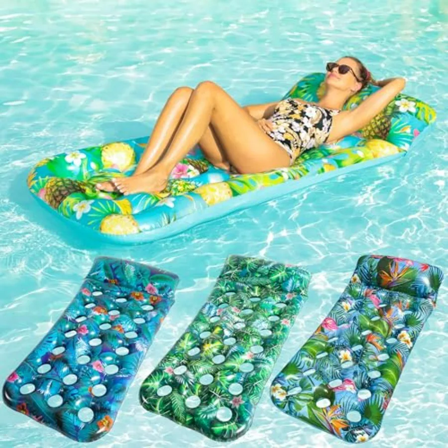 Inflatable Pool Floats Adult, 2 Pack Large PVC Pool Float Raft with Headrest, Blue and Gray, Extra-Comfortable Tanning Lounger