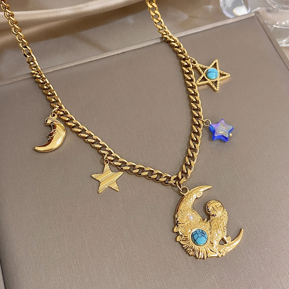 Freetry Trendy Moon Star Pendant Turquoise Stainless Steel Necklace for Women Exquisite Golden Waterproof Necklace Charm Jewelry
Freetry Trendy Moon Star Pendant Turquoise Stainless Steel Necklace for Women Exquisite Golden Waterproof Necklace Charm Jewelry