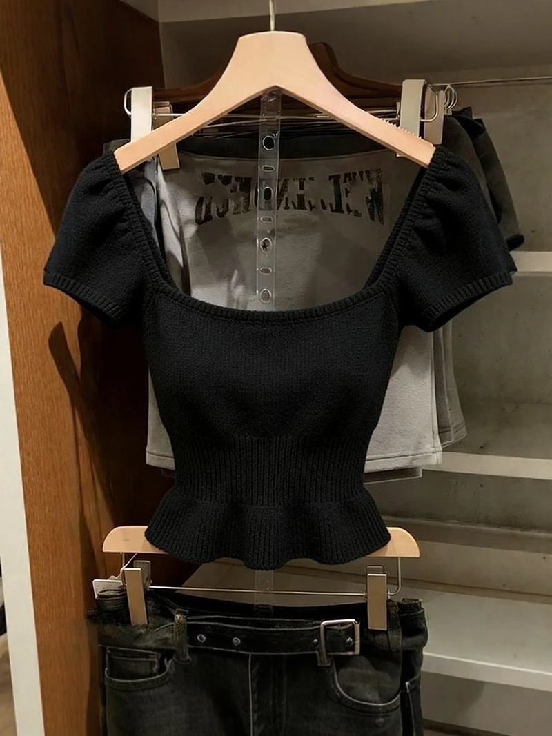 Korean Style Square Collar Short Sleeve Knitwear Women's Summer New Style Slimming Versatile Color Casual Outerwear
Korean Style Square Collar Short Sleeve Knitwear Women's Summer New Style Slimming Versatile Color Casual Outerwear