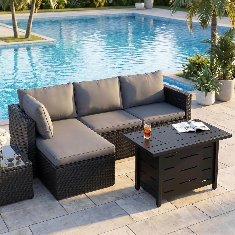 4-Piece Outdoor Wicker Sectional Sofa Set with Propane Fire Pit Table, Weather-Resistant for Backyard, Poolside, Garden, Grey Cu
4-Piece Outdoor Wicker Sectional Sofa Set with Propane Fire Pit Table, Weather-Resistant for Backyard, Poolside, Garden, Grey Cu