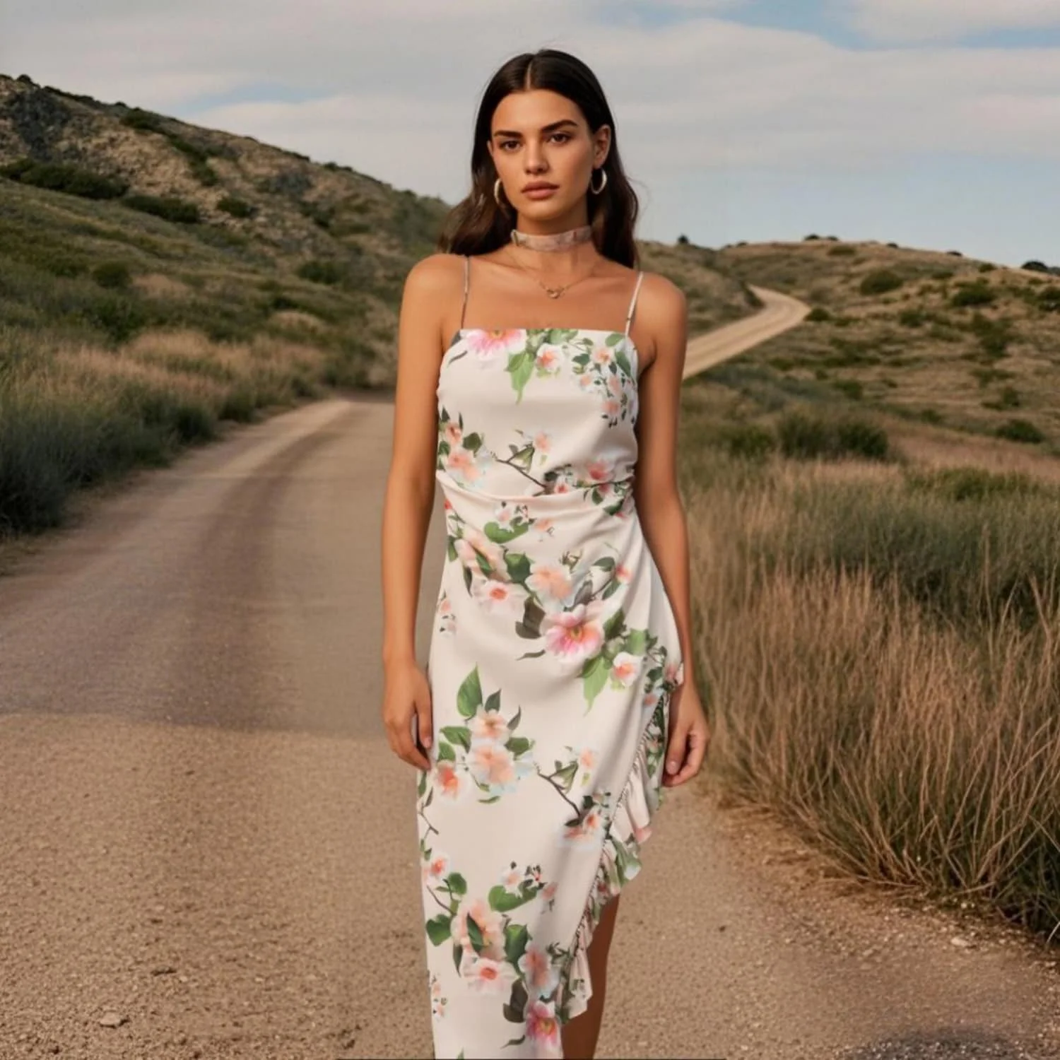 2025 Myst&Za women's summer new dress with a single neckline, pleated layered ruffle edge print, MIDI camisole long skirt
2025 Myst&Za women's summer new dress with a single neckline, pleated layered ruffle edge print, MIDI camisole long skirt