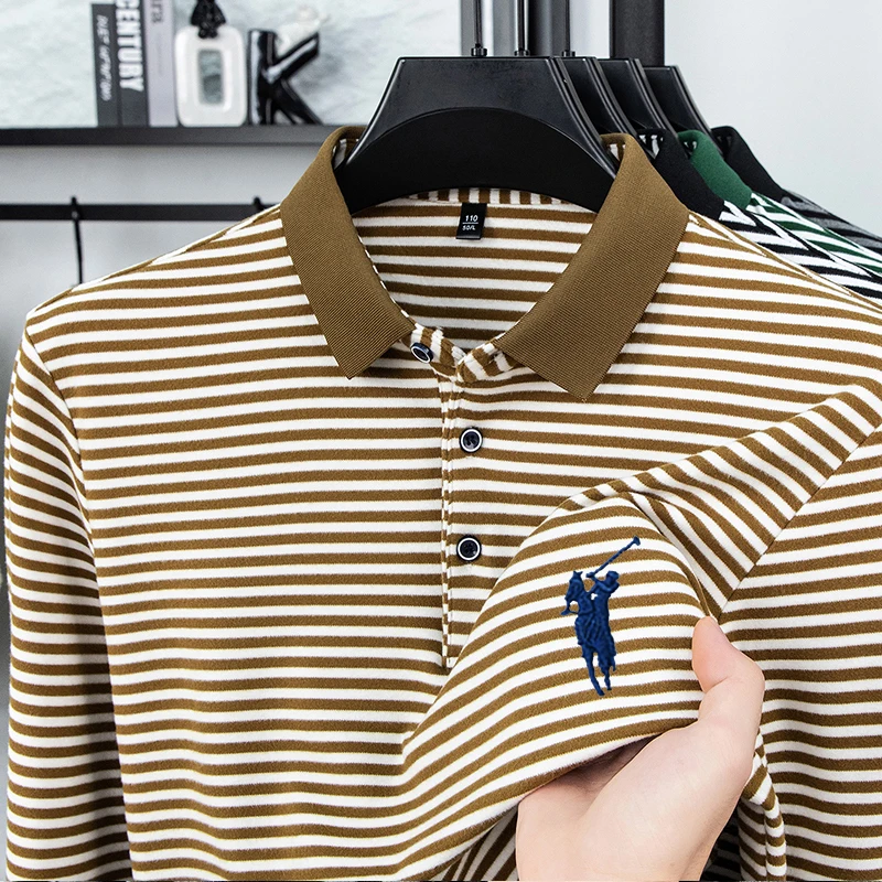 Striped Polo Shirt Men's Long Sleeved T-shirt Business Wear Leads The 2025 New German Velvet High-end Fashion Top
Striped Polo Shirt Men's Long Sleeved T-shirt Business Wear Leads The 2025 New German Velvet High-end Fashion Top