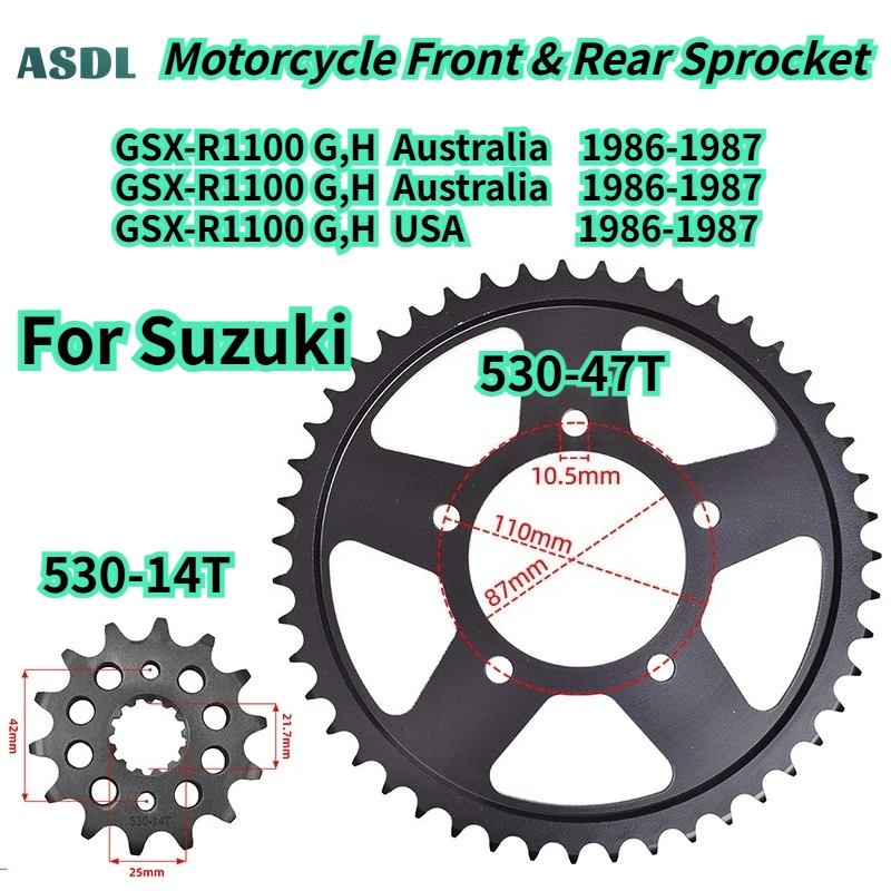 530 Chain Motorcycle Sprocket Front 14T Rear 47T for Suzuki GSX-R1100 GSXR1100 GSXR 1100 GSX R1100 G H Australia USA 1986-1987
530 Chain Motorcycle Sprocket Front 14T Rear 47T for Suzuki GSX-R1100 GSXR1100 GSXR 1100 GSX R1100 G H Australia USA 1986-1987