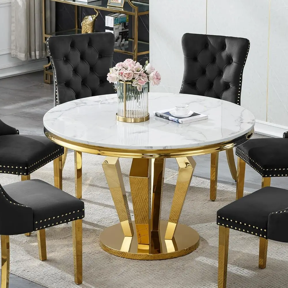 45 Elegant White Marble Round Dining Table with Gold Diamond Stainless Steel Pedestal
45 Elegant White Marble Round Dining Table with Gold Diamond Stainless Steel Pedestal