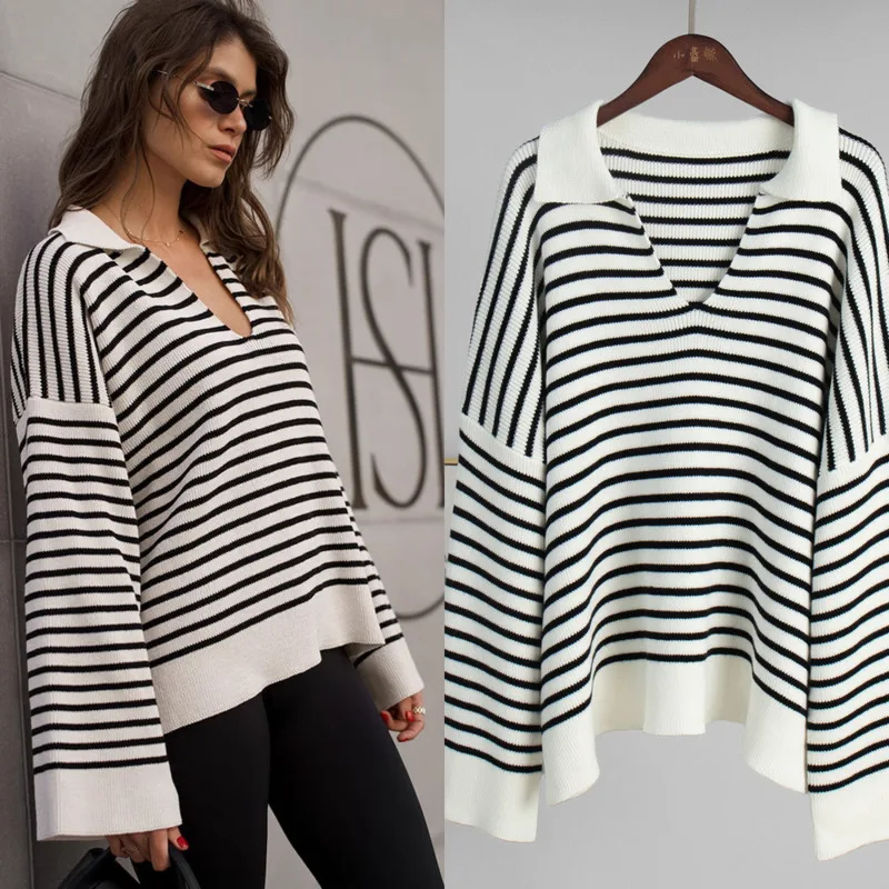 Chic Women’s 2025 Winter Loose Striped Sweater Long Sleeve Polo Collar Pullover Knit Jumper Korean Fashion Casual Wear for Girls
Chic Women’s 2025 Winter Loose Striped Sweater Long Sleeve Polo Collar Pullover Knit Jumper Korean Fashion Casual Wear for Girls