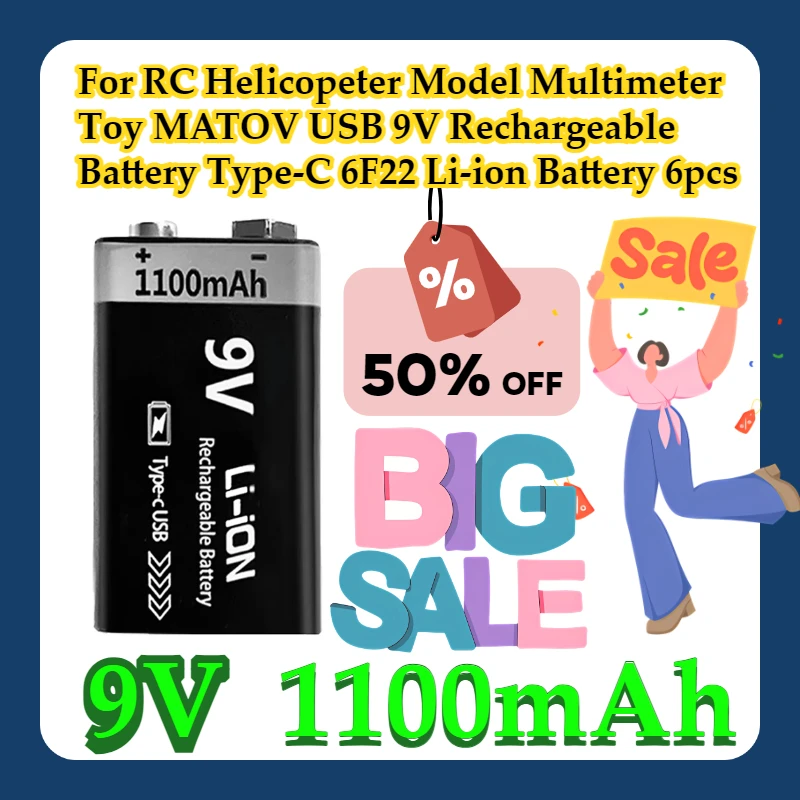 For RC Helicopeter Model Multimeter Toy MATOV USB 9V Rechargeable Battery 1100mAh Type-C 6F22 9V Li-ion Battery 6pcs
For RC Helicopeter Model Multimeter Toy MATOV USB 9V Rechargeable Battery 1100mAh Type-C 6F22 9V Li-ion Battery 6pcs