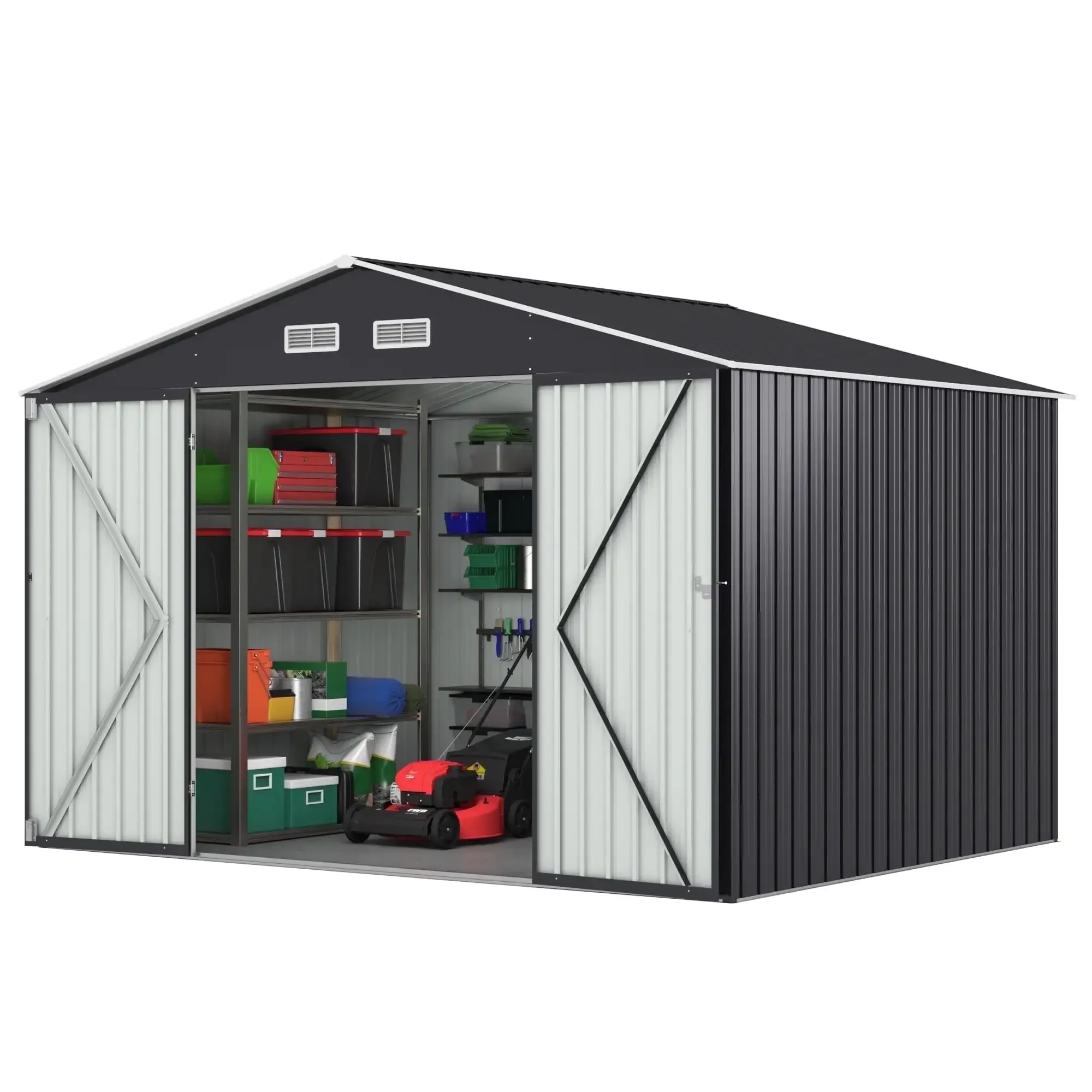 10' x 8' Large Outdoor Metal Storage Shed Tool Storage Shed with Lockable Doors for Backyard, Patio, Lawn, Black & White
10' x 8' Large Outdoor Metal Storage Shed Tool Storage Shed with Lockable Doors for Backyard, Patio, Lawn, Black & White