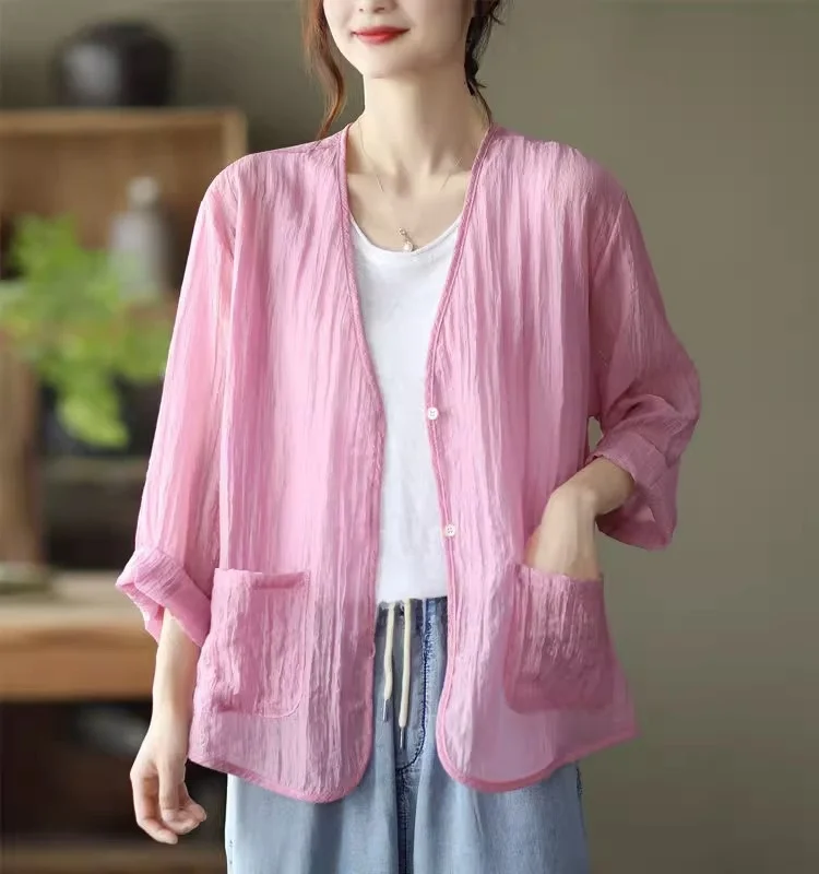 Large Size Women's Sun Protection Clothing Thin Loose Cotton Linen Open Cardigan ort Outerwear V-ne Button Long Sve
Large Size Women's Sun Protection Clothing Thin Loose Cotton Linen Open Cardigan ort Outerwear V-ne Button Long Sve