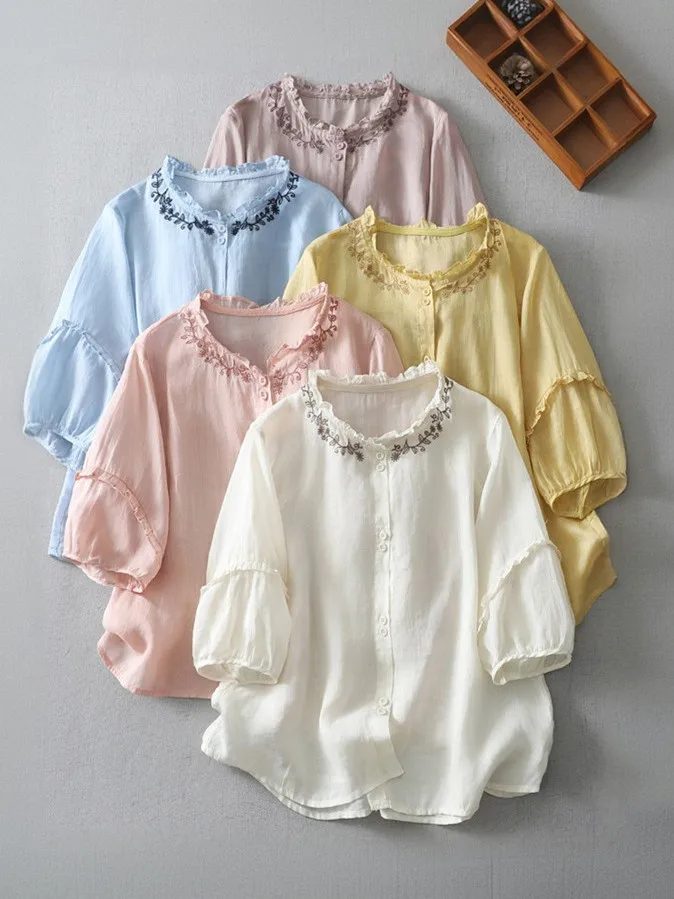 Loose Cotton Linen Shirt Women Summer Short Sleeve Embroidered Lace Collar Splicing Earlet Patchwork Breathable Skin-friendly
Loose Cotton Linen Shirt Women Summer Short Sleeve Embroidered Lace Collar Splicing Earlet Patchwork Breathable Skin-friendly