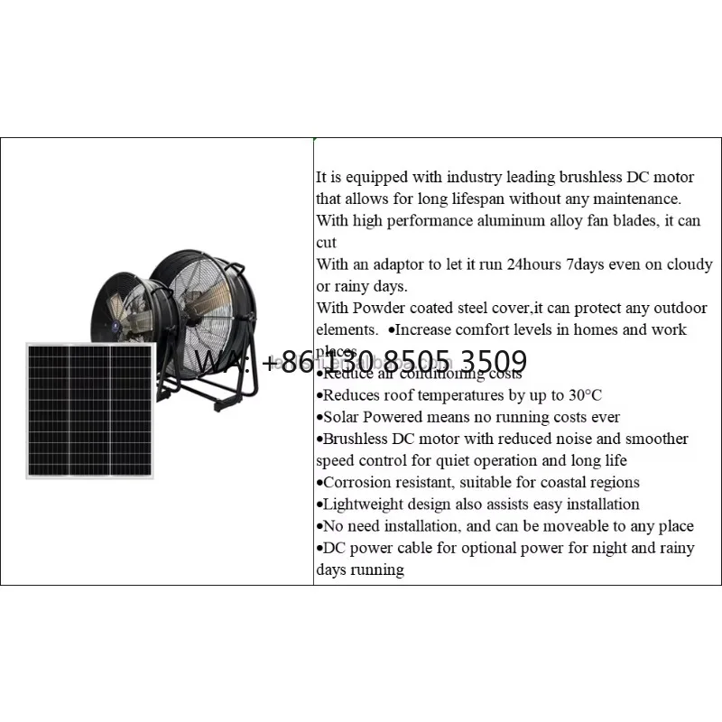 24 Inch Solar Powered DC Cooling Fan Large Heavy Duty High Speed Stainless Steel Industrial Ball Bearing Blower Drum Fan
24 Inch Solar Powered DC Cooling Fan Large Heavy Duty High Speed Stainless Steel Industrial Ball Bearing Blower Drum Fan