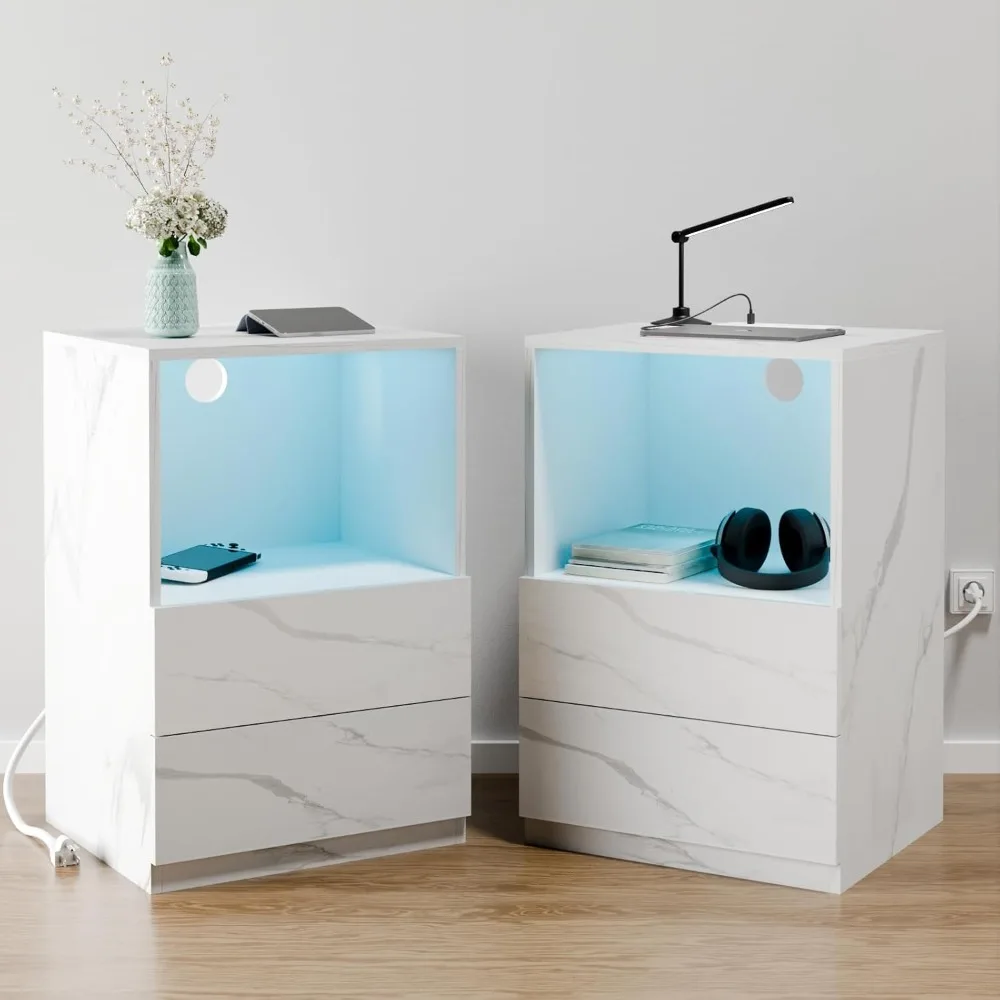 white marble led nightstands with charging station and usb port, dual side tables with open shelves
white marble led nightstands with charging station and usb port, dual side tables with open shelves