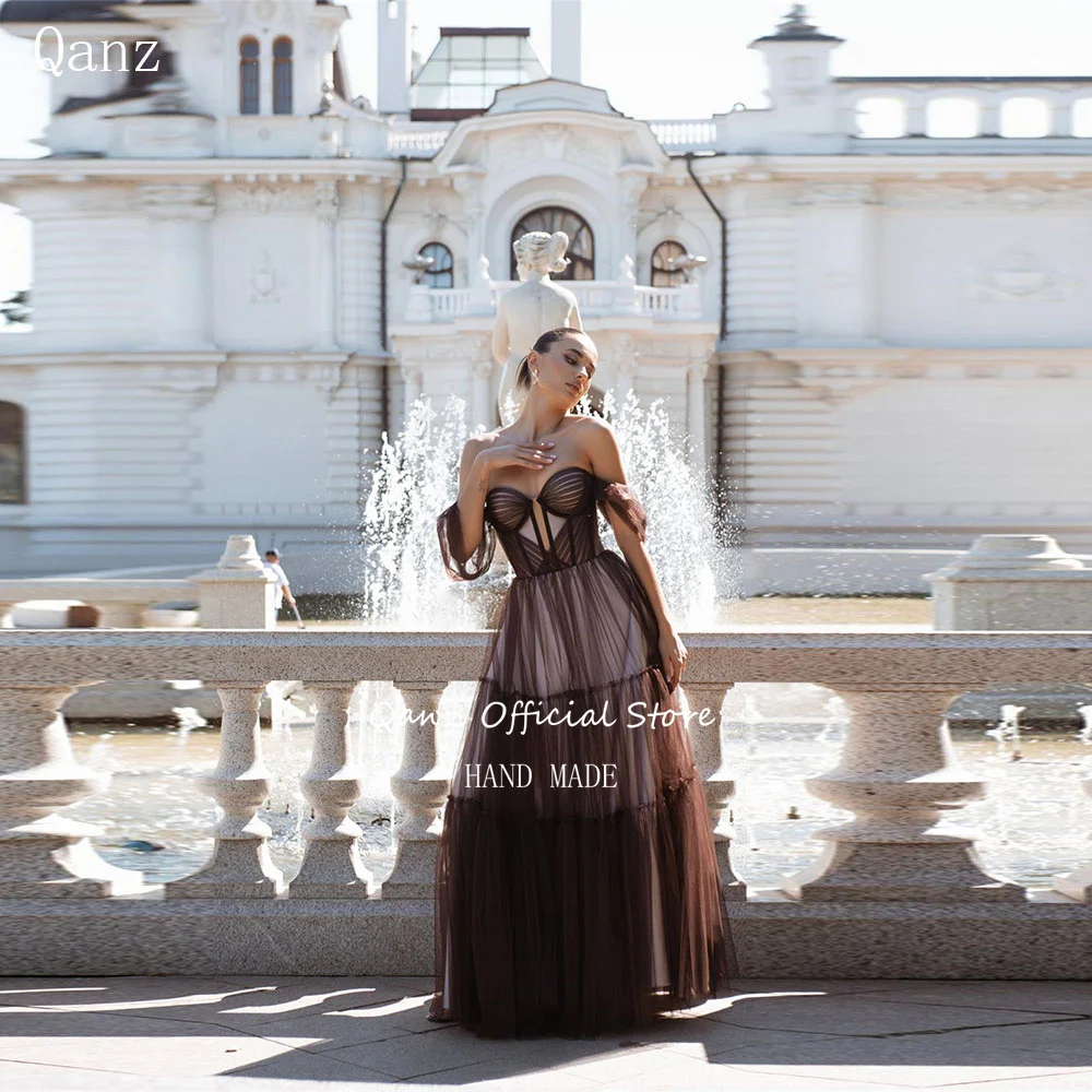 Qanz Коричневые тюлевые платья для выпускного вечера с открытыми плечами, длинное элегантное платье трапециевидной формы, роскошное вечернее платье с открытой спиной для свадебного гостя по индивидуальному заказу