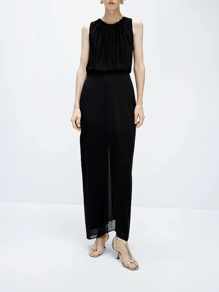 Black round neck sleeveless pressed pleated waist long dresses temperament elegant tie Slim women's dresses 2024 summer new
Black round neck sleeveless pressed pleated waist long dresses temperament elegant tie Slim women's dresses 2024 summer new