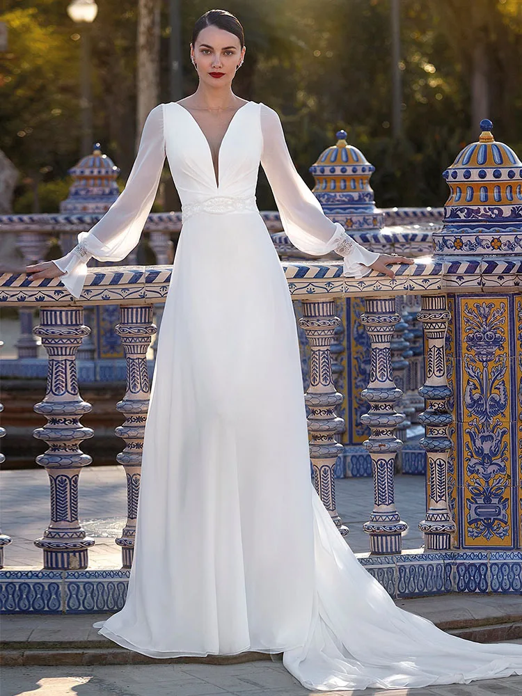 BOHO Wedding Dress White Chiffon Deep V Neck A Line Elegant Women's Wedding Gowns Long Sleeves Backless Beaded Beach Bridal Gown
BOHO Wedding Dress White Chiffon Deep V Neck A Line Elegant Women's Wedding Gowns Long Sleeves Backless Beaded Beach Bridal Gown