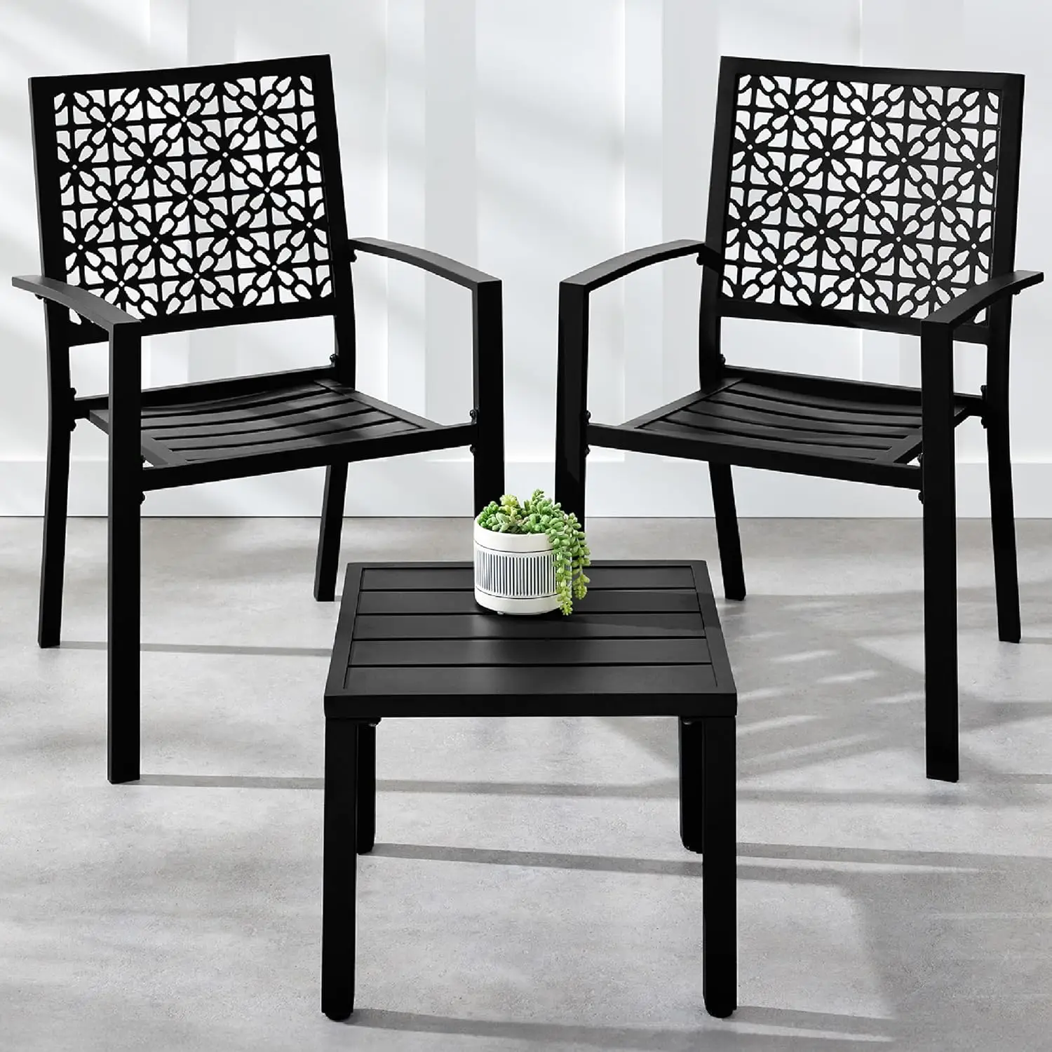 3-Piece Outdoor Bistro Set, Stackable Modern Steel Furniture for Porch, Garden w/ 2 Chairs, Table, Geometric Decor - Black
3-Piece Outdoor Bistro Set, Stackable Modern Steel Furniture for Porch, Garden w/ 2 Chairs, Table, Geometric Decor - Black
