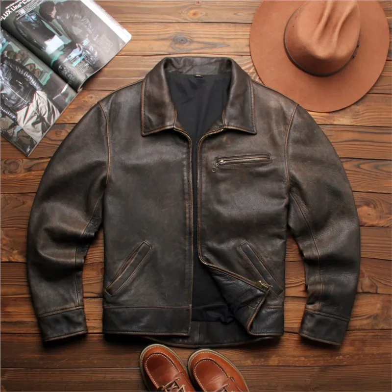 Men's leather with lapel casual yellow cowhide motorcycle coat
Men's leather with lapel casual yellow cowhide motorcycle coat