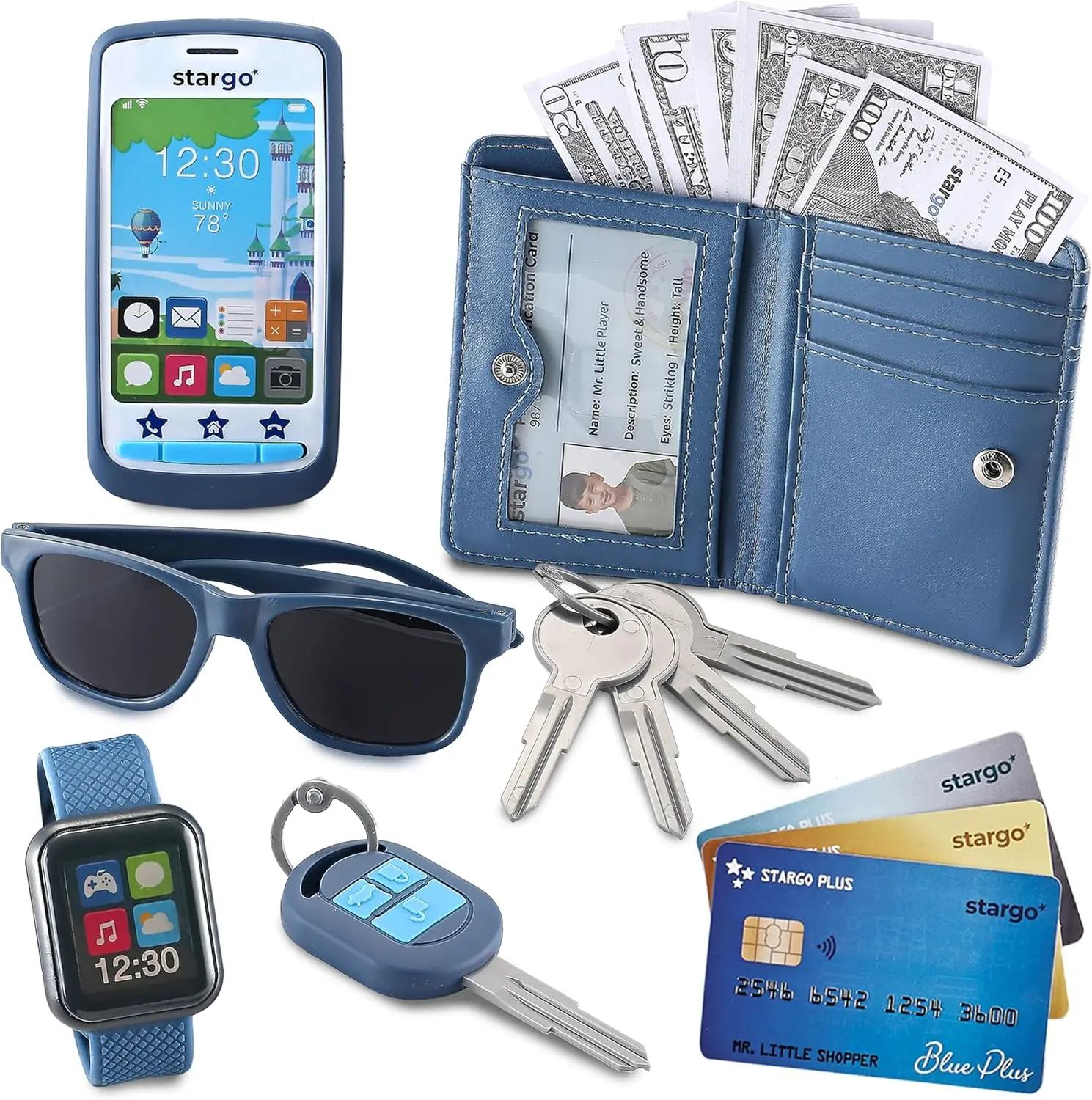 Pretend Play Wallet Set for Kids - 15pcs Money, Cellphone, Keys, Sunglasses, Smartwatch - Ages 3-12
Pretend Play Wallet Set for Kids - 15pcs Money, Cellphone, Keys, Sunglasses, Smartwatch - Ages 3-12
