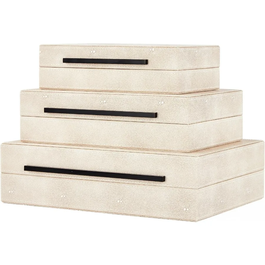 Shagreen Drative Boxes Set of 3 Leather Jewelry Storage Box Modern Storage Boxes with Lids Ivory Stacking Boxes with Black Meta 
Shagreen Drative Boxes Set of 3 Leather Jewelry Storage Box Modern Storage Boxes with Lids Ivory Stacking Boxes with Black Meta