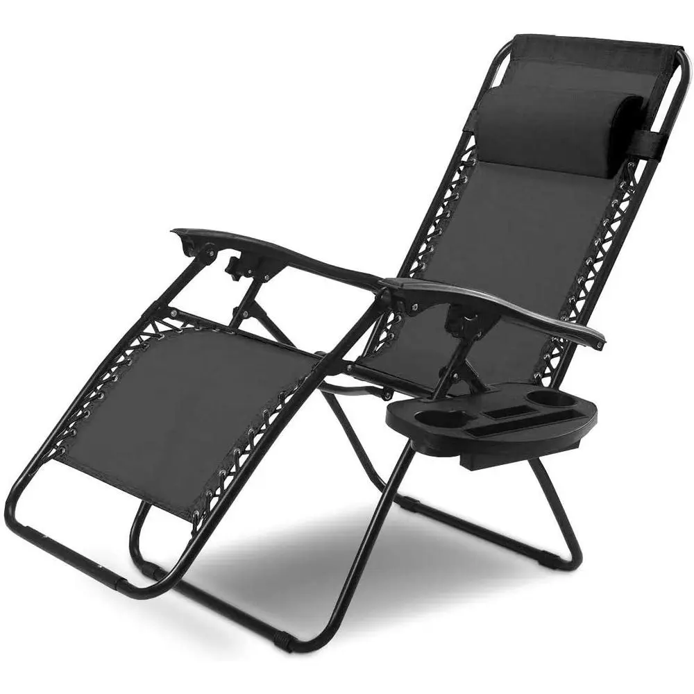 Black Outdoor Zero Gravity Lounge Chair with Pillow and Utility Tray for Patio, Lawn, and Beach
Black Outdoor Zero Gravity Lounge Chair with Pillow and Utility Tray for Patio, Lawn, and Beach