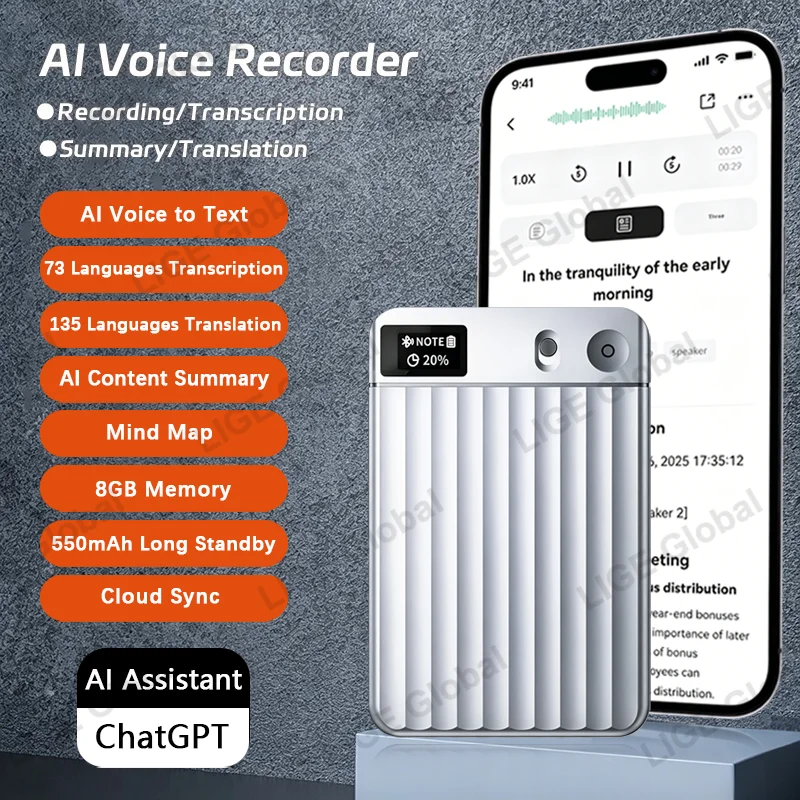 LIGE AI Voice Recorder Powered 8GB ChatGPT APP Control Phone Call Audio Transcribe Summarize 135 Languages Translator Dictaphone
LIGE AI Voice Recorder Powered 8GB ChatGPT APP Control Phone Call Audio Transcribe Summarize 135 Languages Translator Dictaphone