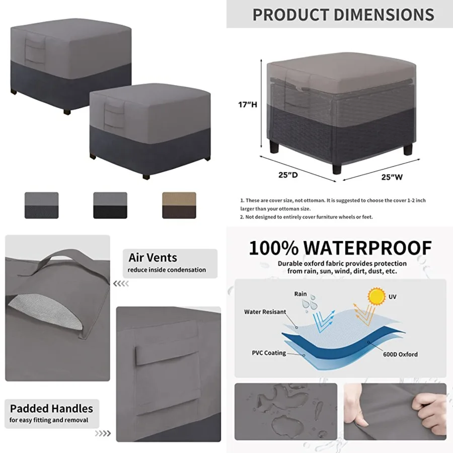 Outdoor Ottoman Cover, Waterproof Heavy Duty Patio Furniture Cover with Padded Handles 2 Pack-25x25x17
Outdoor Ottoman Cover, Waterproof Heavy Duty Patio Furniture Cover with Padded Handles 2 Pack-25x25x17
