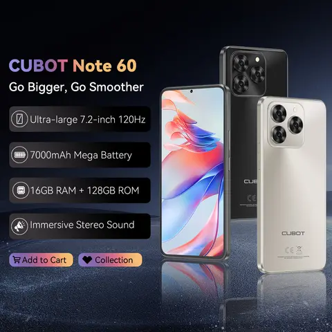 Smartfon Cubot Note 60, Android 15, 7,2-calowy wyświetlacz 120 Hz, ośmiordzeniowy procesor, 16 GB (6+10 GB) RAM, 128 GB ROM, aparat 48 MP, bateria 7000 mAh