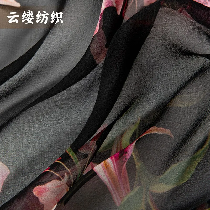 Silk georgety fabric with black base and pinkish red flowers light transparent cheongsam dress
Silk georgety fabric with black base and pinkish red flowers light transparent cheongsam dress