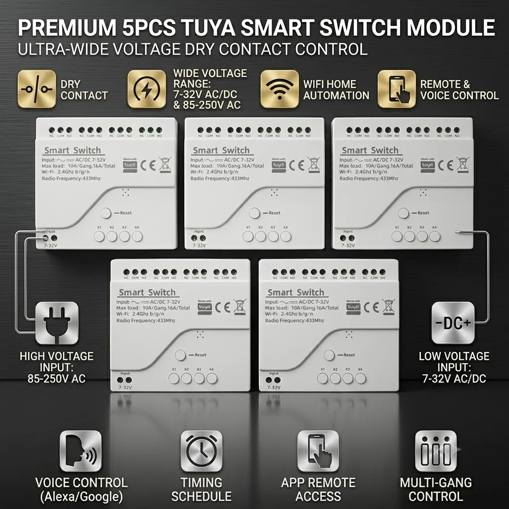 5PCS 4CH WiFi Dry Contact Smart Relay Module 7-32V 85-250V AC DC 433Mhz RF Works With Tuya Smart Life Alexa Google Voice Timing
5PCS 4CH WiFi Dry Contact Smart Relay Module 7-32V 85-250V AC DC 433Mhz RF Works With Tuya Smart Life Alexa Google Voice Timing