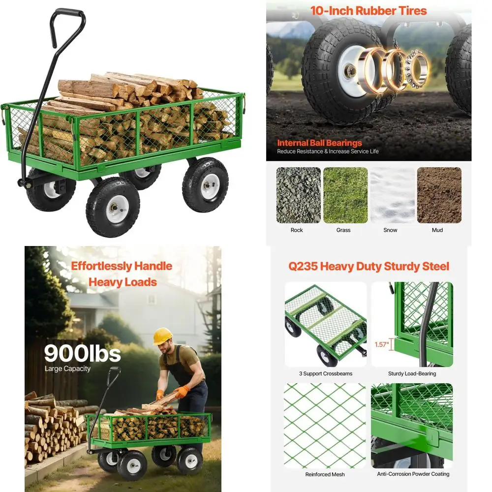 Heavy-Duty 900 lbs Capacity Steel Garden Cart with 10 Tires, Mesh Sides, and 180° Rotating Handle
Heavy-Duty 900 lbs Capacity Steel Garden Cart with 10 Tires, Mesh Sides, and 180° Rotating Handle