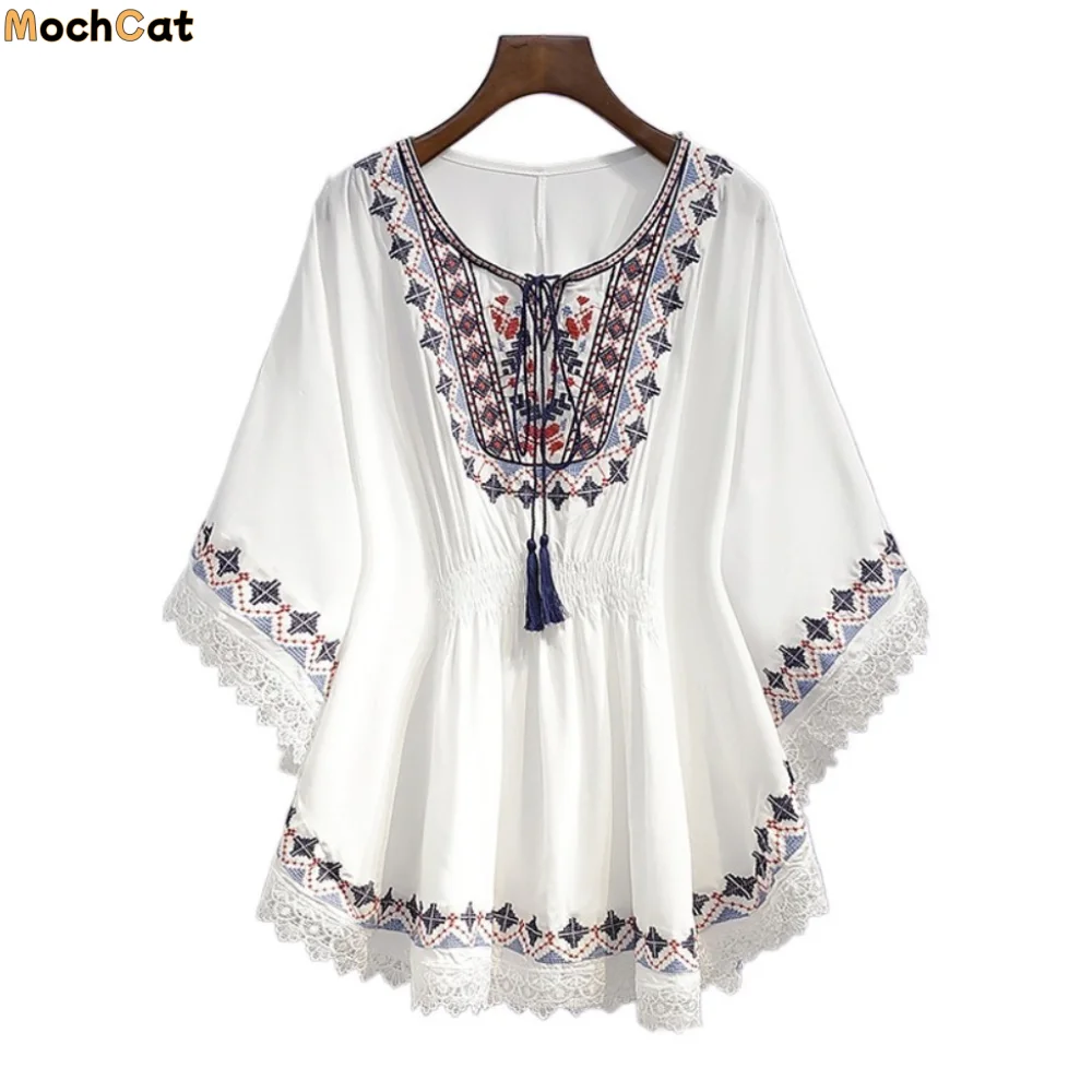 Simple Lace-up Tassel Bohemian Style T-shirt Embroidery Loose Short Sleeve T Shirt Round Neck Blouses Ethnic Style Tops Summer
Simple Lace-up Tassel Bohemian Style T-shirt Embroidery Loose Short Sleeve T Shirt Round Neck Blouses Ethnic Style Tops Summer