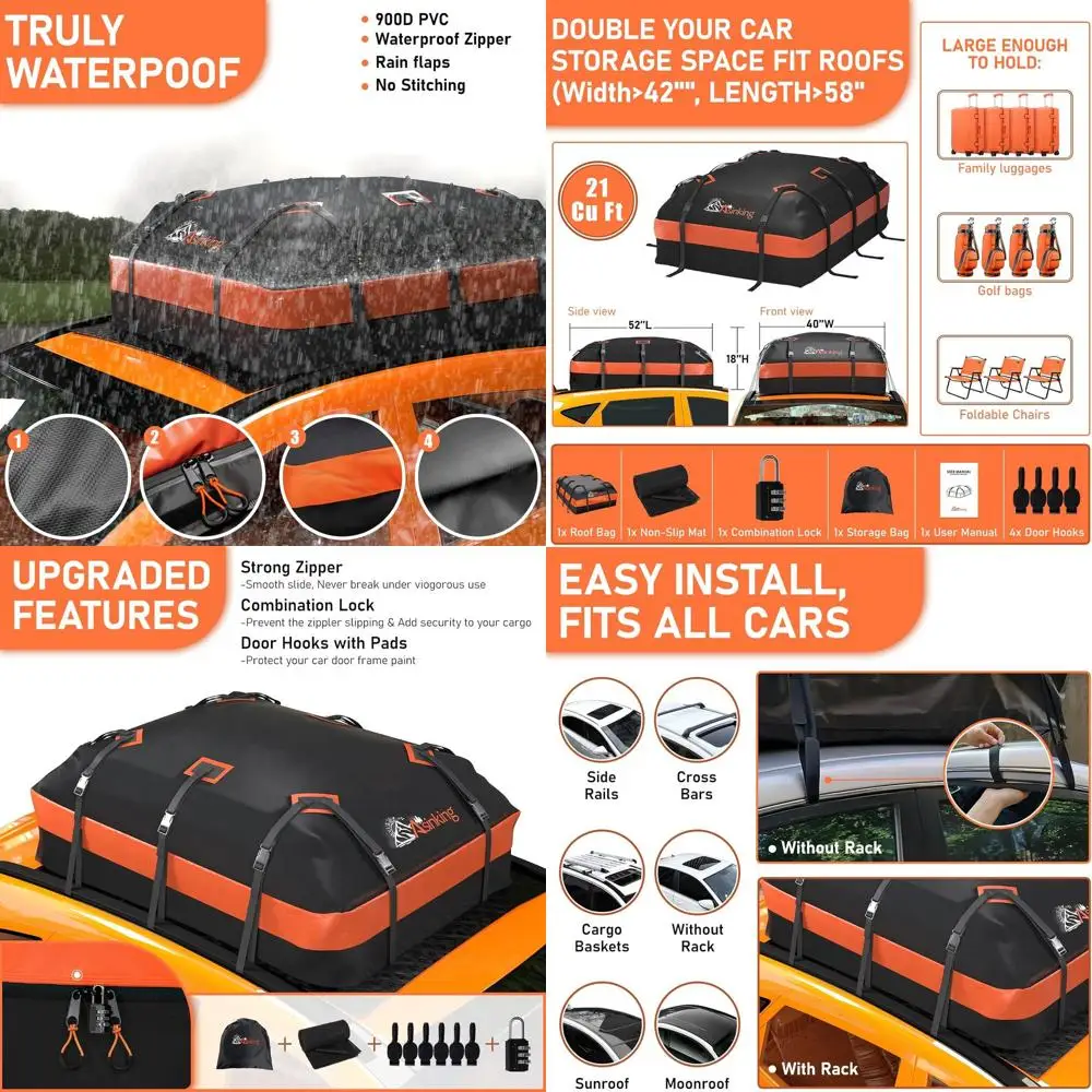 Водонепроницаемая сумка на крышу 21 кубических футов для автомобилей, совместимая с ракетками и багажником, противоскользящий коврик, 10 ремней, 6 крючков, замок для багажа
Водонепроницаемая сумка на крышу 21 кубических футов для автомобилей, совместимая с ракетками и багажником, противоскользящий коврик, 10 ремней, 6 крючков, замок для багажа
