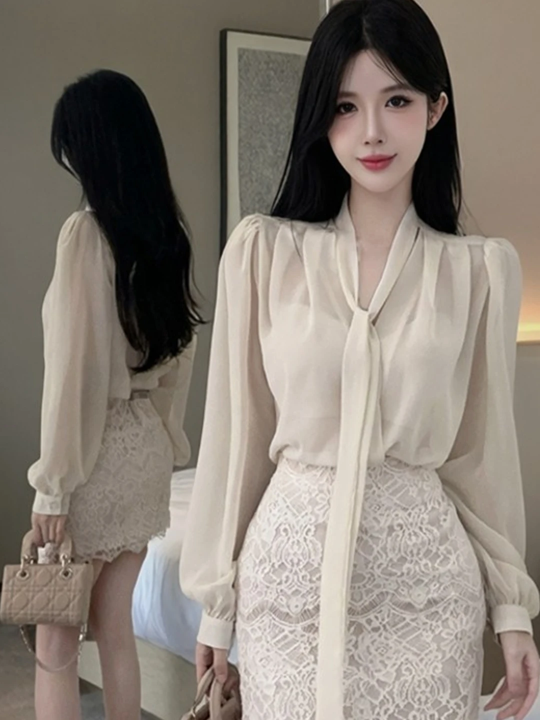 Slim Fit V-Neck Long Sleeve Chiffon Shirt Top Lace Wrap Bodycon Skirt Set Fashionable Pure Desire Style Commute High Waist Short
Slim Fit V-Neck Long Sleeve Chiffon Shirt Top Lace Wrap Bodycon Skirt Set Fashionable Pure Desire Style Commute High Waist Short