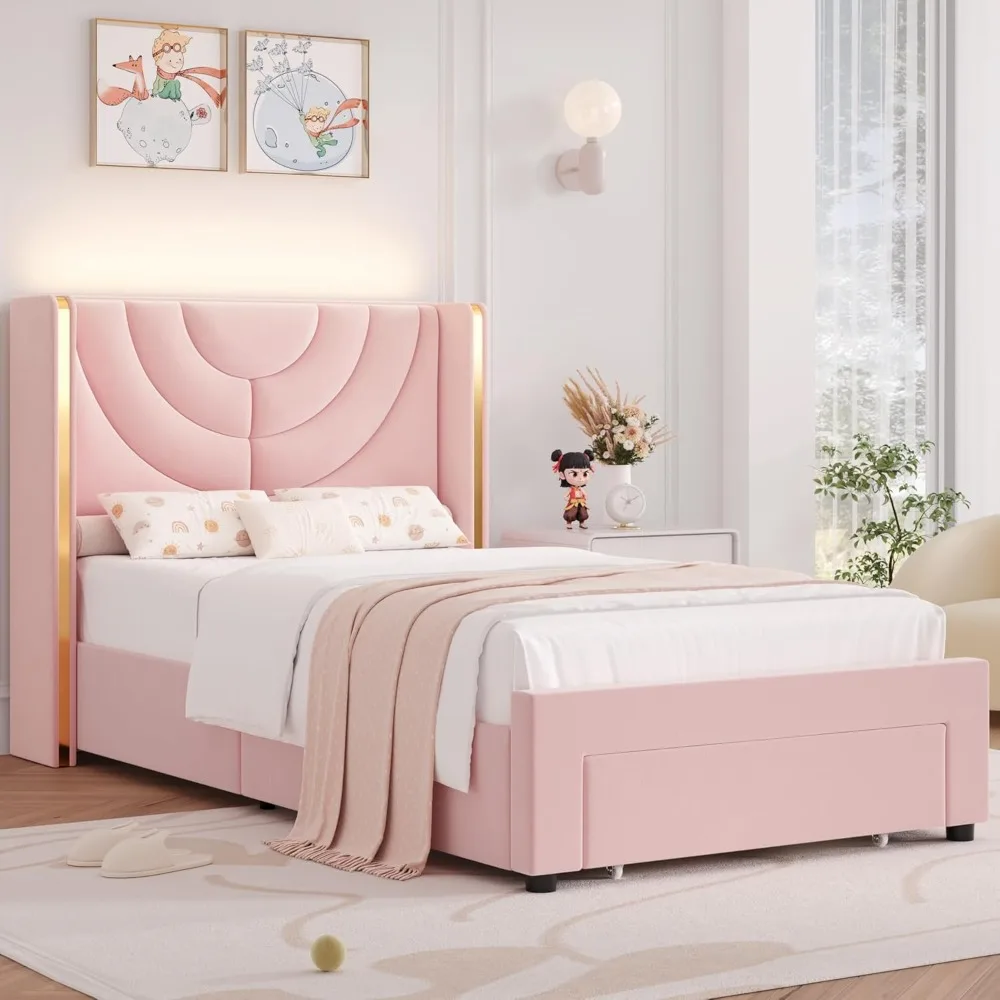 Upholstered LED Bed Frame with Storage Drawer Velvet Kids Bed with Wingback Headboard, Princess Twin Platform Bed for Girls/Kids
Upholstered LED Bed Frame with Storage Drawer Velvet Kids Bed with Wingback Headboard, Princess Twin Platform Bed for Girls/Kids