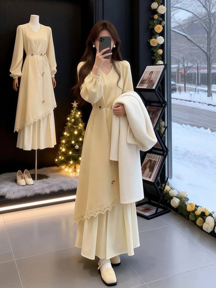 Elegant Yellow Long Dress Women's V-neck Faux Two-Piece Autumn Winter New Style Lazy Fashion High Waist Commute Friendly
Elegant Yellow Long Dress Women's V-neck Faux Two-Piece Autumn Winter New Style Lazy Fashion High Waist Commute Friendly