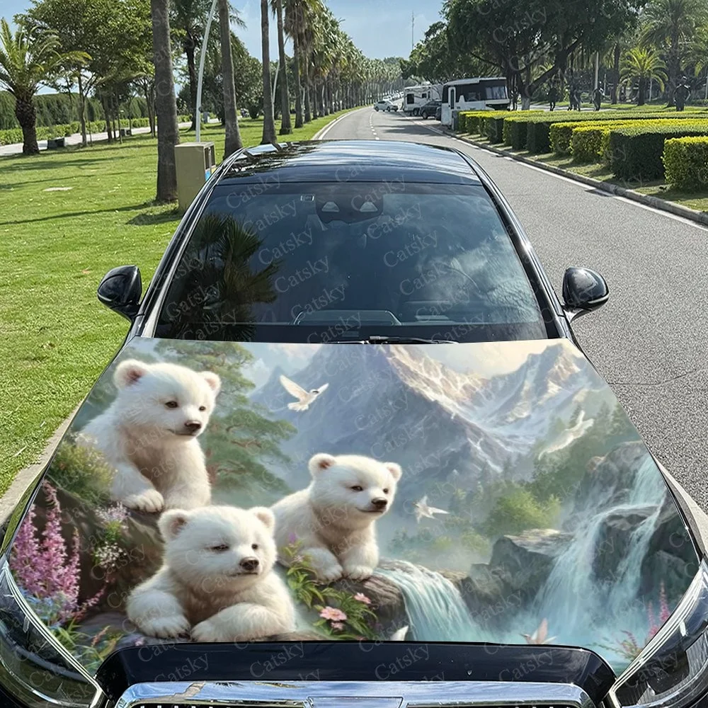 This car hood features adorable white puppies in a scenic mountain landscape with waterfalls and flowers, creating a charming an
This car hood features adorable white puppies in a scenic mountain landscape with waterfalls and flowers, creating a charming an