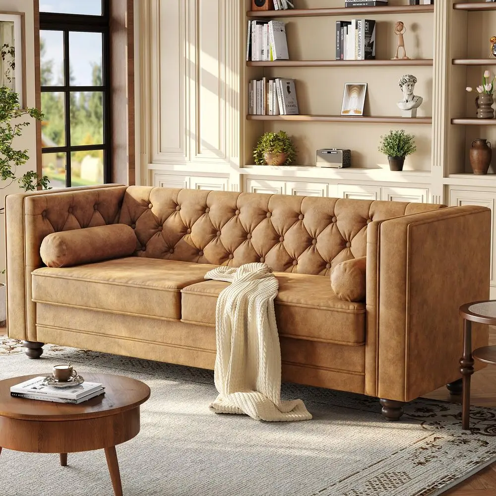 79 Faux Leather Couch for Living Room, Comfy Chesterfield ButtonTufted Sofa with 2 Bolster Pillows and Wood Legs, MidCentury Mo
79 Faux Leather Couch for Living Room, Comfy Chesterfield ButtonTufted Sofa with 2 Bolster Pillows and Wood Legs, MidCentury Mo
