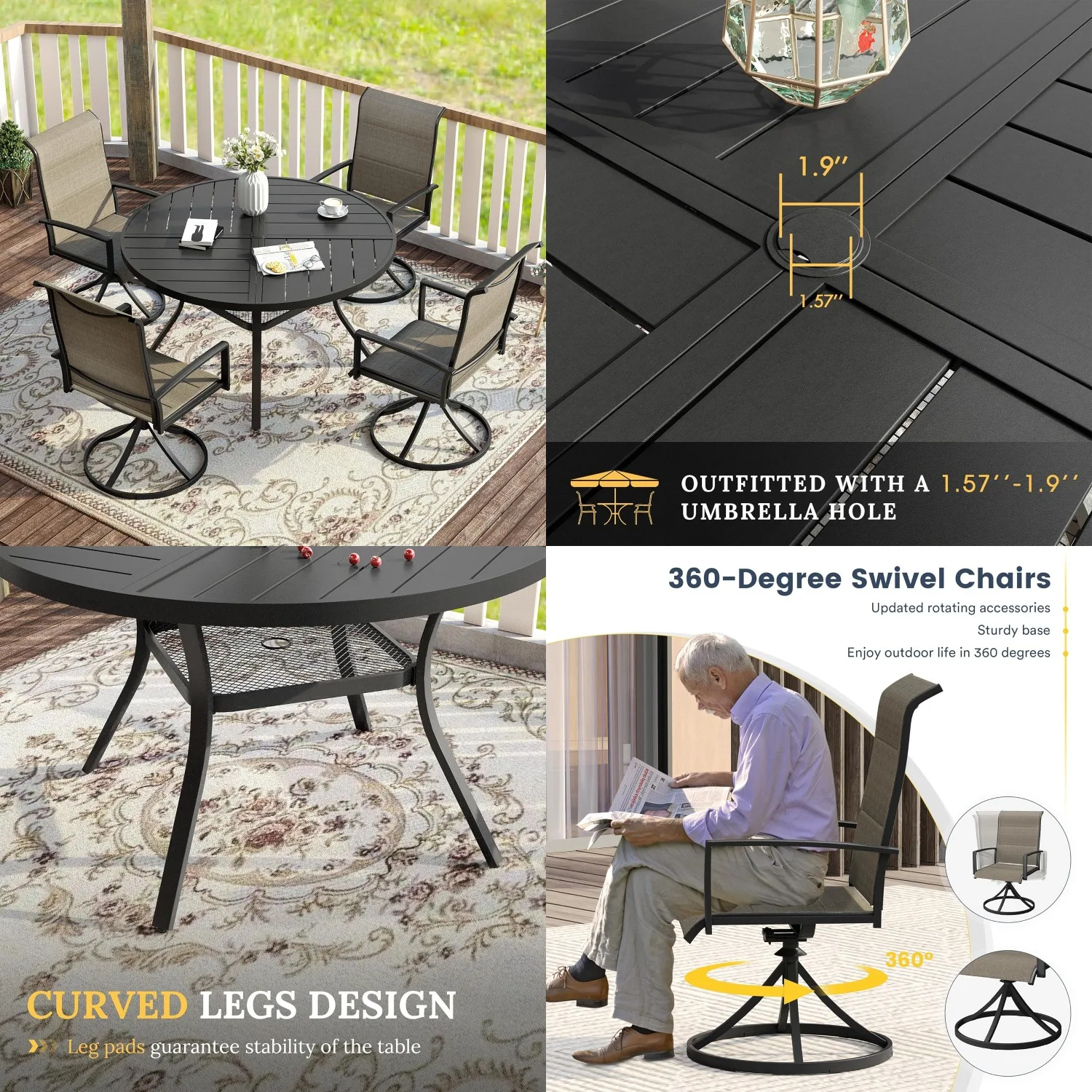 4 Seat Patio Dining Set Swivel Padded Chairs Round Table Mixed Brown Fabric Customized
4 Seat Patio Dining Set Swivel Padded Chairs Round Table Mixed Brown Fabric Customized