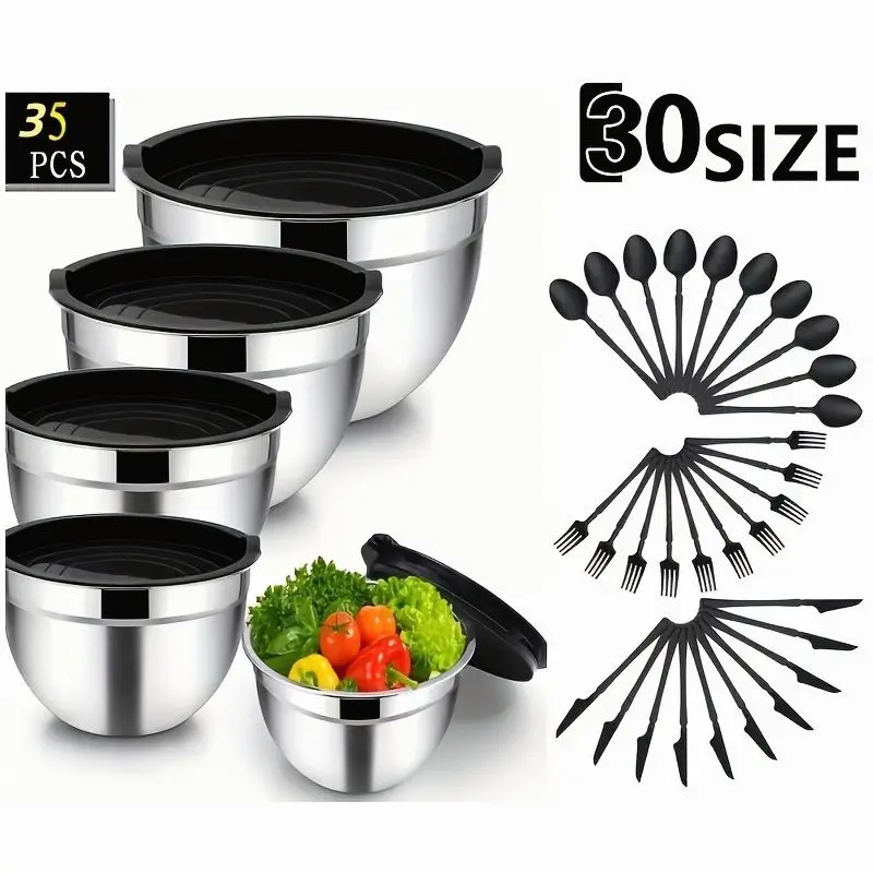 Stainless Steel Mixing Bowl Set – 35-Piece Heavy-Duty 304 Grade Kitchen Kit with Non-Slip Bases, Airtight Lids, Nesting Bowls (Large & Small), and Essential Utensils for Mixing, Serving, Baking, and Food Prep
Stainless Steel Mixing Bowl Set – 35-Piece Heavy-Duty 304 Grade Kitchen Kit with Non-Slip Bases, Airtight Lids, Nesting Bowls (Large & Small), and Essential Utensils for Mixing, Serving, Baking, and Food Prep