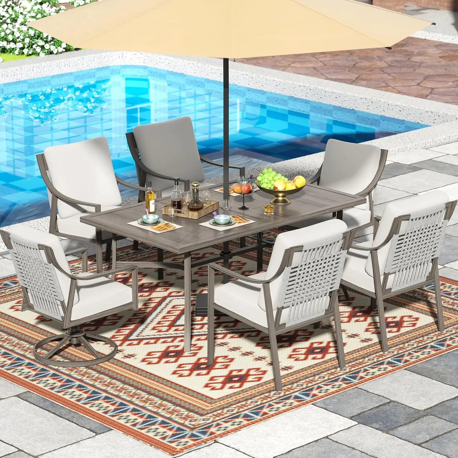 7 Piece Patio Dining Table Outdoor Furniture Set for 6, 4Pcs Fixed and 2Pcs Swivel Patio Dining Chairs with Olefin, Customized
7 Piece Patio Dining Table Outdoor Furniture Set for 6, 4Pcs Fixed and 2Pcs Swivel Patio Dining Chairs with Olefin, Customized