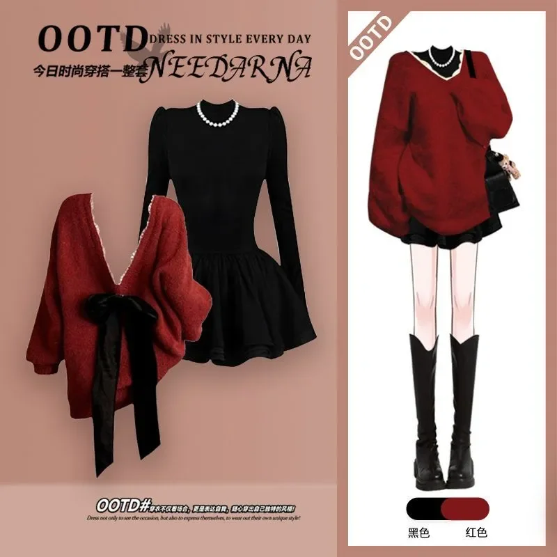 Christmas Atmosphere Wearing New Year Bow Knitted Sweater Slim-fit Dress Two-piece Set for Women
Christmas Atmosphere Wearing New Year Bow Knitted Sweater Slim-fit Dress Two-piece Set for Women