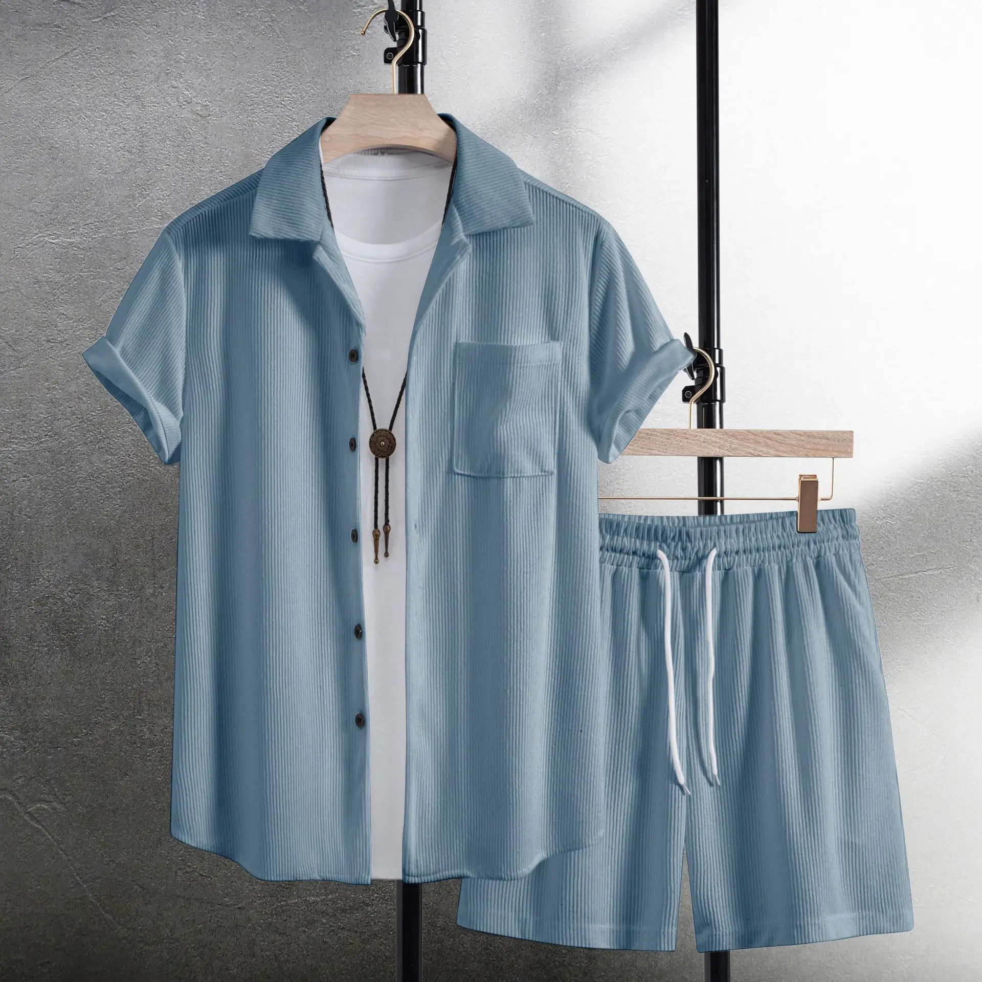 American 2025 Summer New Fashion Men's Solid Color Casual Trendy Loose 2 Piece Sets Short Sleeve Shirts Knee Length Shorts Male
American 2025 Summer New Fashion Men's Solid Color Casual Trendy Loose 2 Piece Sets Short Sleeve Shirts Knee Length Shorts Male