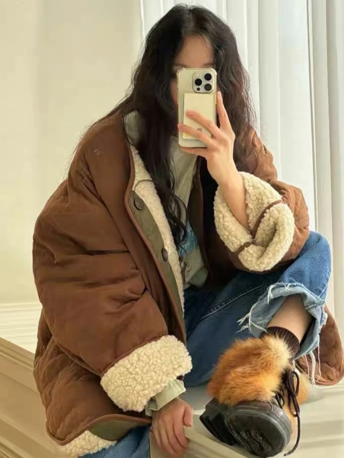 Lattice Patterned Thiened Cotton Jaet Women's Vintage Loose Winter Warm Double-Sided Lamb Fur Coat Long Sve round Ne
Lattice Patterned Thiened Cotton Jaet Women's Vintage Loose Winter Warm Double-Sided Lamb Fur Coat Long Sve round Ne