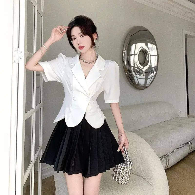 Waisted Tight Short Puff Sleeve Slim Suit Coat Shirt Women Mini Pleated Skirt Office Lady Summer Elegant Casual Two Pieces Set
Waisted Tight Short Puff Sleeve Slim Suit Coat Shirt Women Mini Pleated Skirt Office Lady Summer Elegant Casual Two Pieces Set