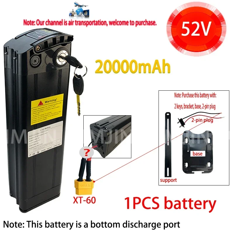 For Silver Fish 52V Electric Bike Battery 20ah for 2000w high-power 52V Lithium Battery 2-pin Bottom discharge port XT60
For Silver Fish 52V Electric Bike Battery 20ah for 2000w high-power 52V Lithium Battery 2-pin Bottom discharge port XT60