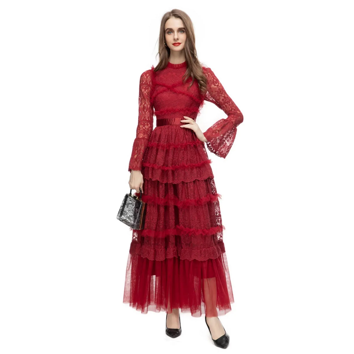Summer Fashion Designer Red Vintage Party Dress Women Stand Collar Long Sleeve Mesh Ruffles Embroidery Slim Long Dress
Summer Fashion Designer Red Vintage Party Dress Women Stand Collar Long Sleeve Mesh Ruffles Embroidery Slim Long Dress