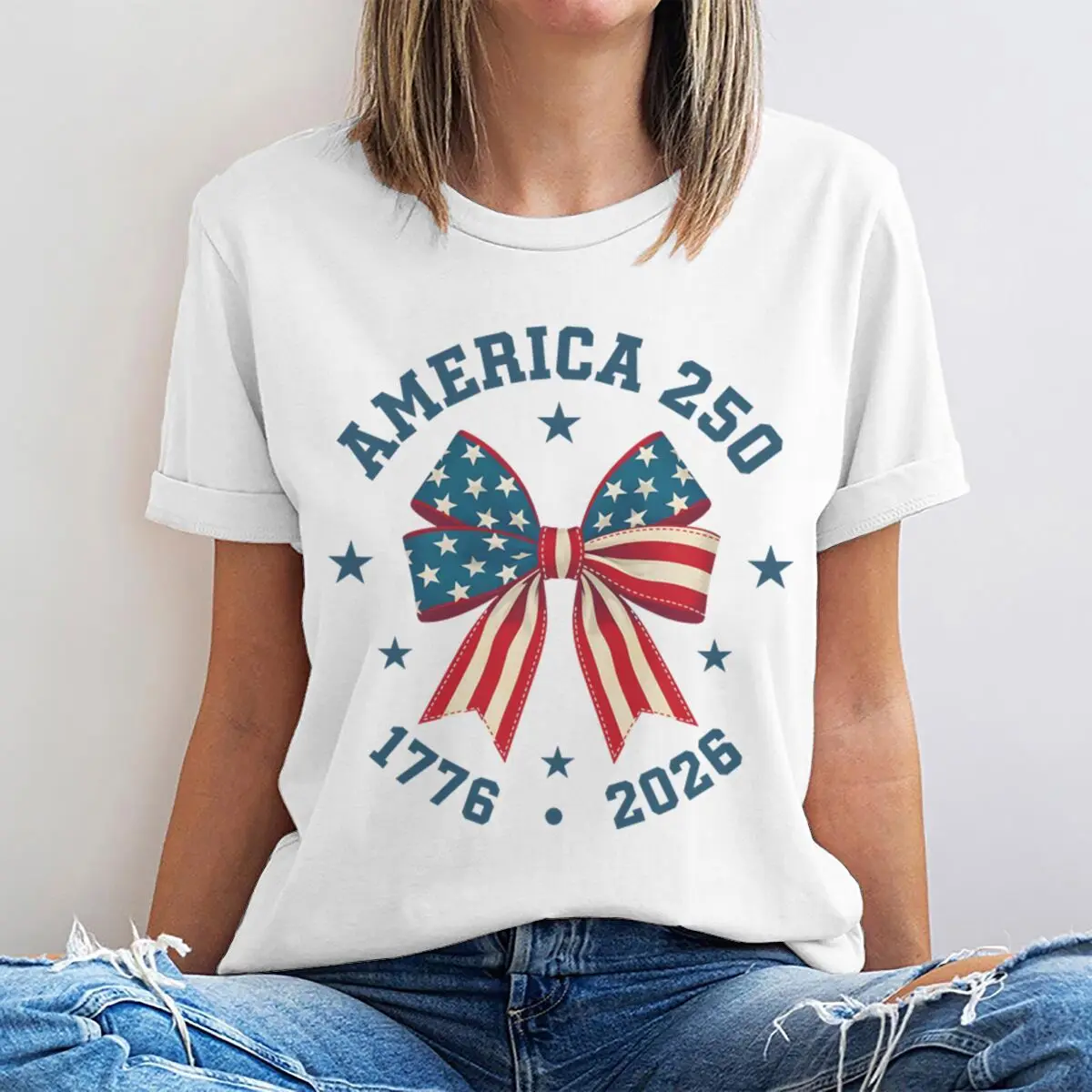 America 250 T-Shirt 1776-2026 Patriotic USA Flag Bow Graphic Tee Women Short Sleeve Summer Top 4th of July Anniversary Shirt
America 250 T-Shirt 1776-2026 Patriotic USA Flag Bow Graphic Tee Women Short Sleeve Summer Top 4th of July Anniversary Shirt
