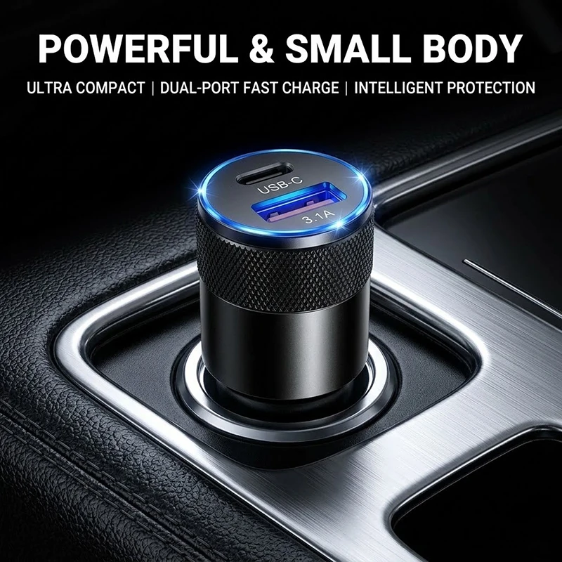 Small Car Charger Type C USB A 3.1A Dual Port Fast Charge Auto Adapter with Smart Chip Overtemp Protection For Phones For iPhone
Small Car Charger Type C USB A 3.1A Dual Port Fast Charge Auto Adapter with Smart Chip Overtemp Protection For Phones For iPhone